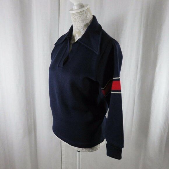 Vintage 60s L Coleman Knitting Mills Navy Blue Red Stripe Sweater Hipster Mod - Picture 9 of 12